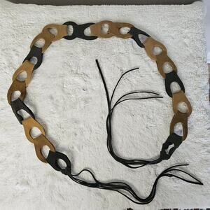 Boho Suede Braided Fringe Tie Belt | Two-Tone Tan & Brown Cutout Leather